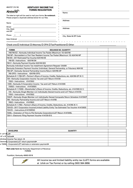 Form 40a727 - Kentucky Income Tax Forms Requisition - Kentucky Department Of Revenue Printable pdf