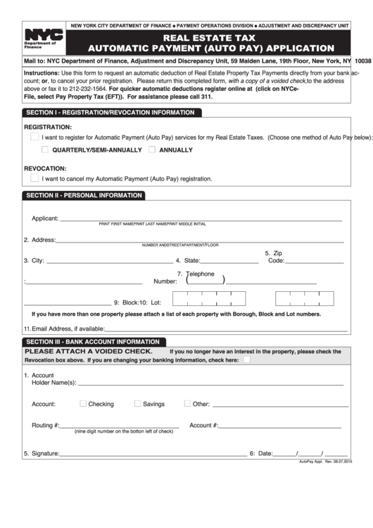 Real Estate Tax Automatic Payment (Auto Pay) Application Form Printable pdf