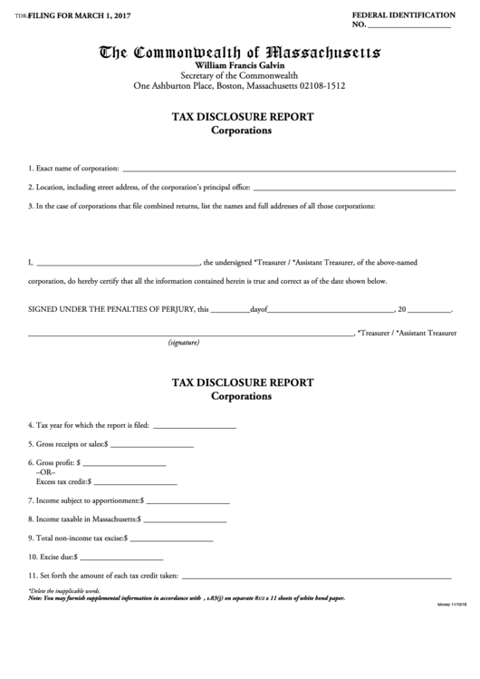 Fillable Tax Disclosure Report Form November - 2016 Printable pdf