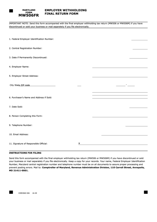 Fillable Maryland Form Mw506fr - Employer Withholding Final Return Form Printable pdf