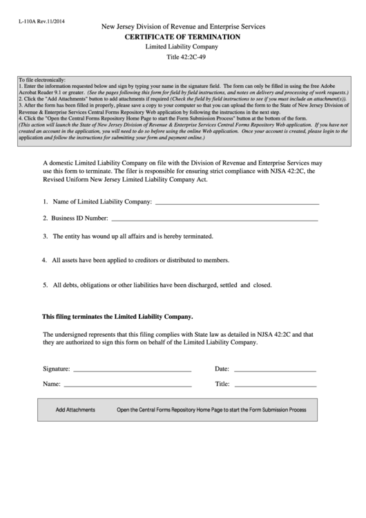 Fillable Form L-110a - Certificate Of Termination - 2014 Printable pdf
