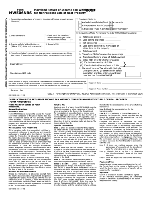 Fillable Form Mw506nrs - Return Of Income Tax Withholding For Nonresident Sale Of Real Property - 2017 Printable pdf