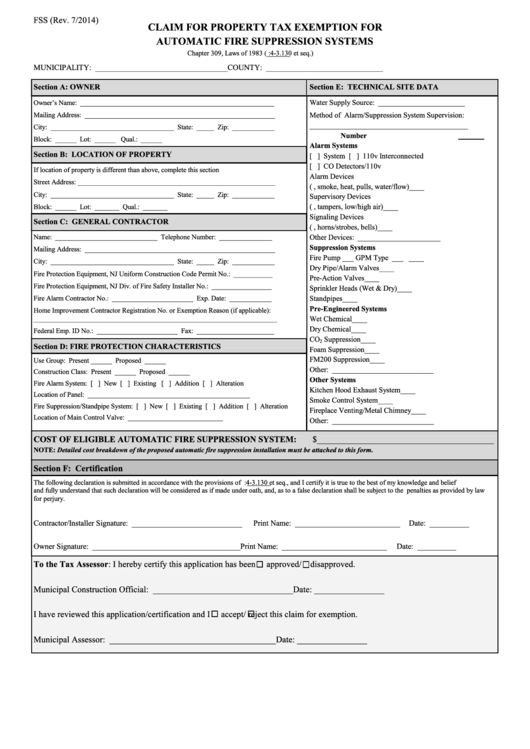 Form Fss - Claim For Property Tax Exemption For Automatic Fire Suppression Systems Printable pdf