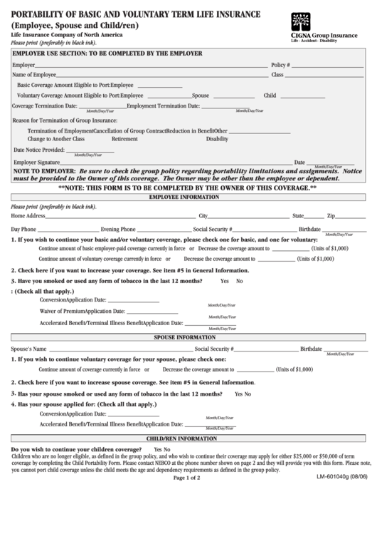 Fillable Form Lm-601040g - Portability Of Basic And Voluntary Trem Life Insurance Printable pdf