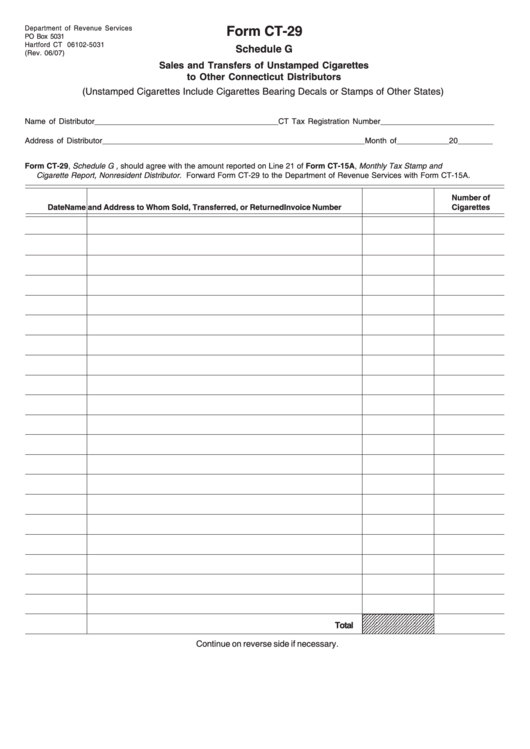 Form Ct-29 - Schedule G - Sales And Transfers Of Unstamped Cigarettes To Other Connecticut Distributors - 2007 Printable pdf