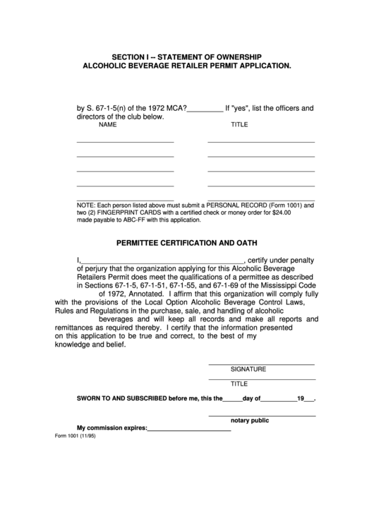 Form 1001 - Statement Of Ownership Alcoholic Beverage Retailer Permit Application Form Printable pdf