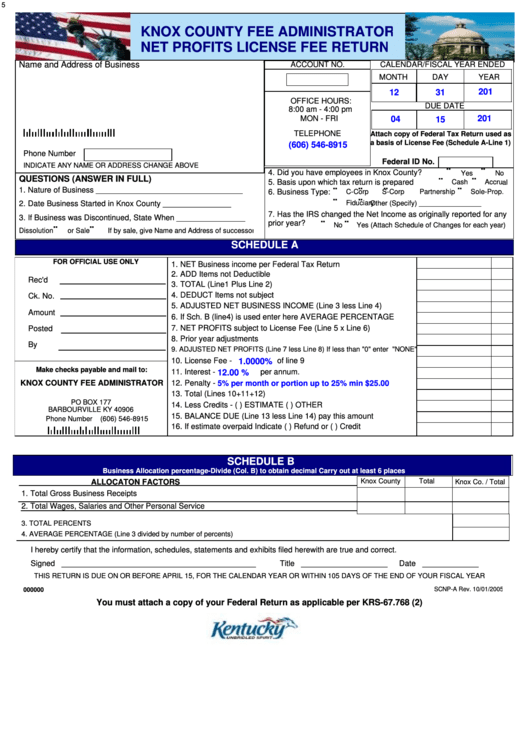Fillable Form Scnp-A - Knox County Fee Administrator Net Profits License Fee Return 2005 Printable pdf
