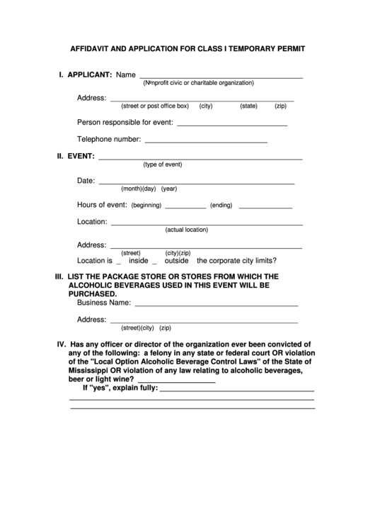 Affidavit And Application For Class I Temporary Permit Form Printable pdf