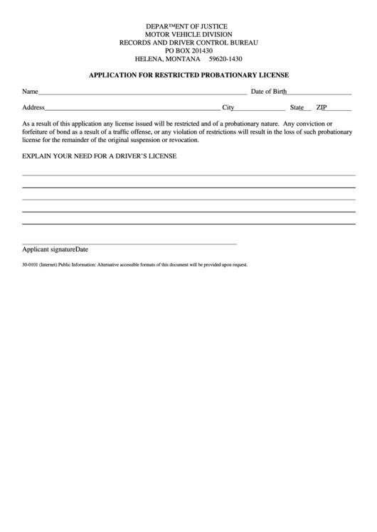 Application For Restricted Probationary License Form Printable pdf