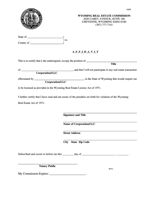 Affidavit Form - Wyoming Real Estate Commission Printable pdf
