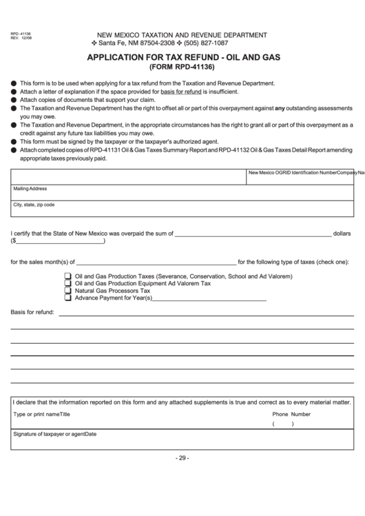 Form Rpd - 41136 - Application For Tax Refund - Oil And Gas - 2008 Printable pdf