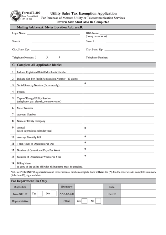 Fillable Form St-200 - Utility Sales Tax Exemption Application Printable pdf