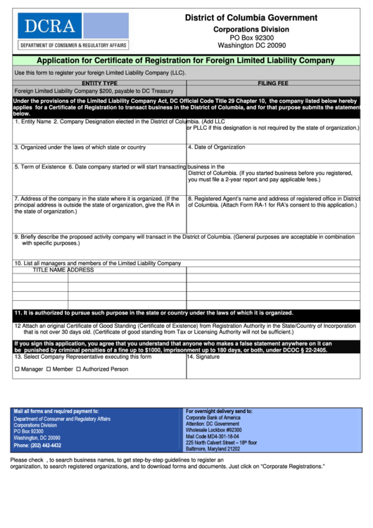 Application For Certificate Of Registration For Foreign Limited Liability Company, Form Ra-1 - Registered Agent Written Consent Printable pdf