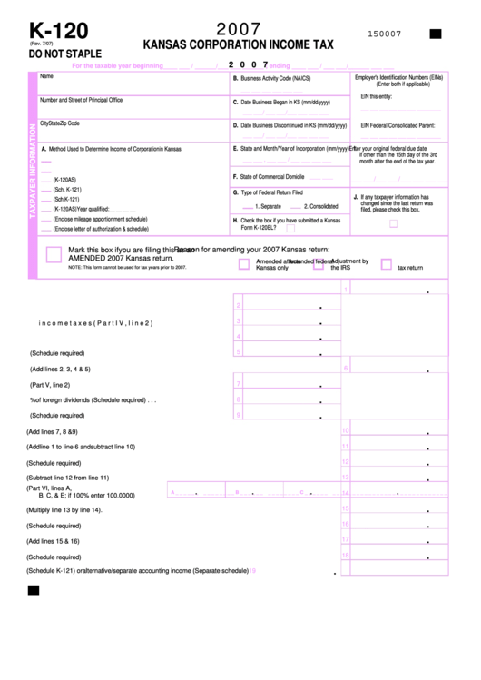 Form K-120 - Kansas Corporation Income Tax - 2007 Printable pdf