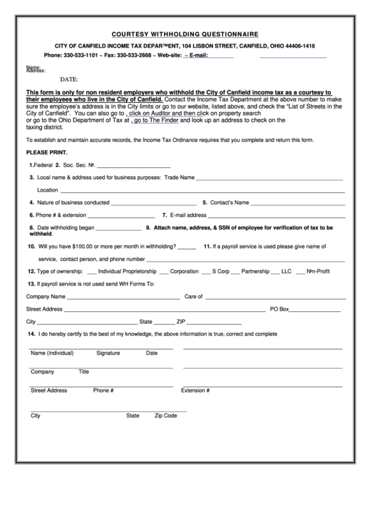 Fillable Courtesy Withholding Questionnaire Form - City Of Canfield Income Tax Department Printable pdf