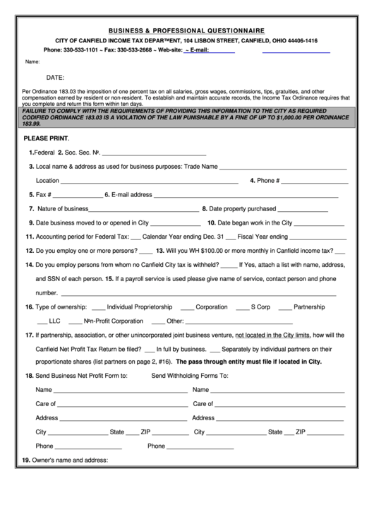 Fillable Form Busq/2014 - Business & Professional Questionnaire Form - City Of Canfield Income Tax Department Printable pdf