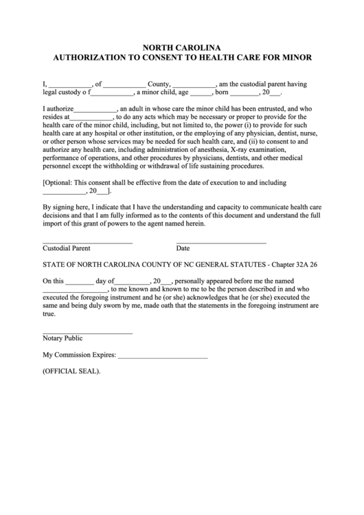 Fillable Authorization To Consent To Health Care For Minor Form - North Carolina Printable pdf