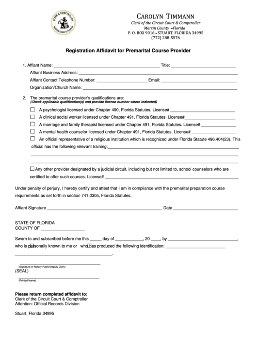 Fillable Registration Affidavit For Premarital Course Provider Form - Florida Printable pdf