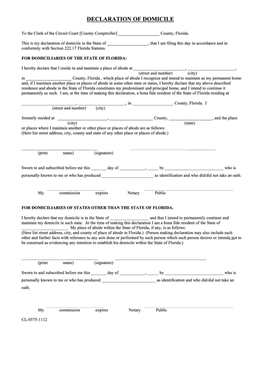 Declaration Of Domicile Form - Florida Printable pdf