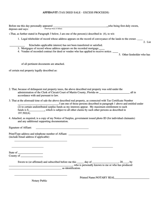 Fillable Affidavit Of Claim (Tax Deed Sale - Excess Proceeds) Form - Florida Printable pdf