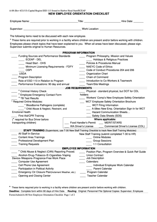 Form A-08 - New Employee Orientation Checklist Printable pdf