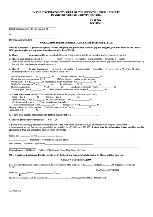 Fillable Application For Determination Of Civil Indigent Status Form Printable pdf