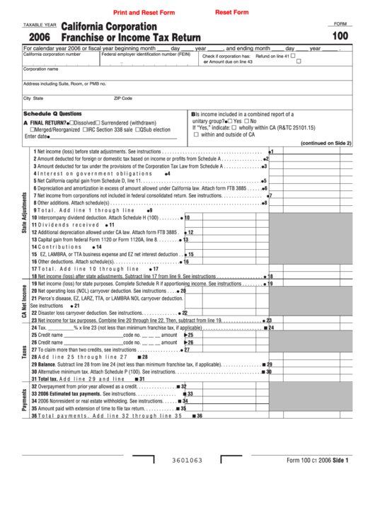Fillable Form 100 - California Corporation Franchise Or Income Tax Return - 2006 Printable pdf