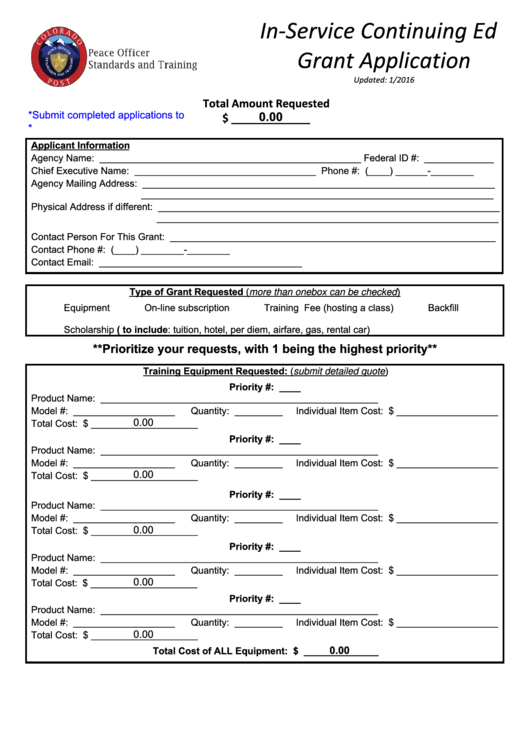 Fillable In-Service Continuing Ed Grant Application Form - Colorado Printable pdf