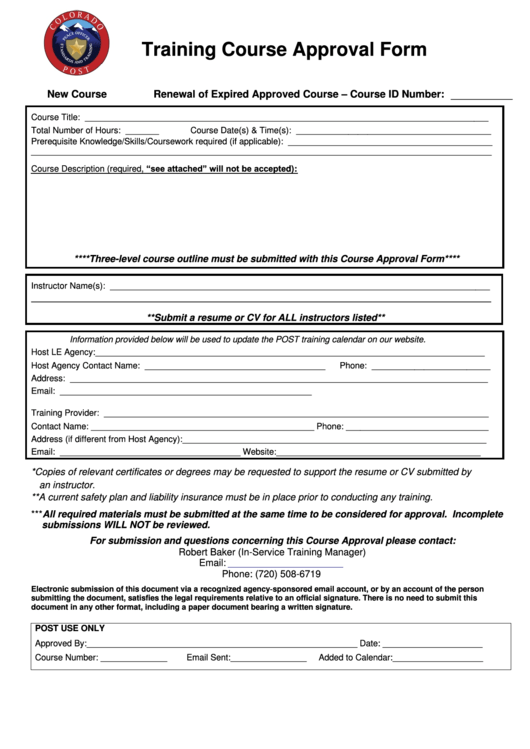 Fillable Training Course Approval Form - Colorado Printable pdf