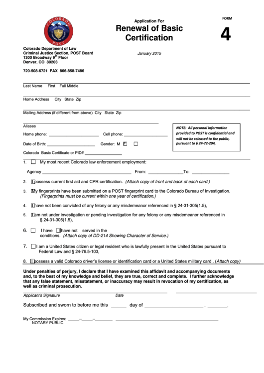Fillable Form 4 - Application For Renewal Of Certification - Colorado Department Of Law Printable pdf