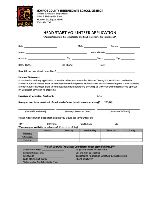 Head Start Volunteer Application Form Printable pdf
