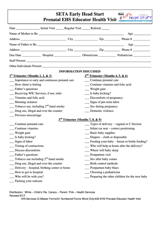 Prenatal Educator Health Visit Form Printable pdf