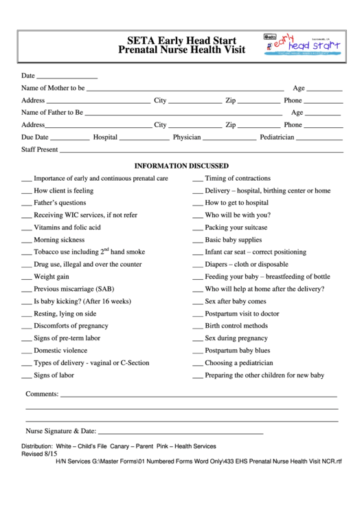 Prenatal Nurse Health Visit Form Printable pdf