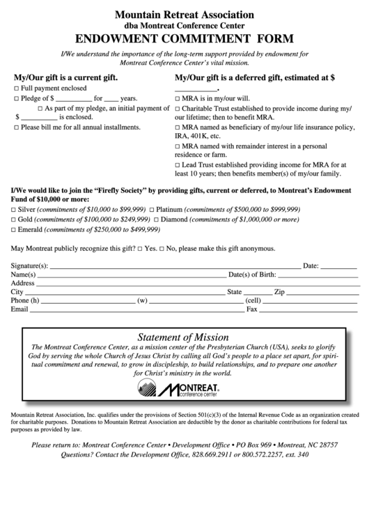 Endowment Commitment Form - Montreat Conference Center Printable pdf