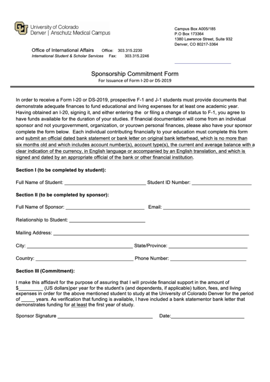 Fillable Sponsorship Commitment Form - University Of Colorado Denver Printable pdf