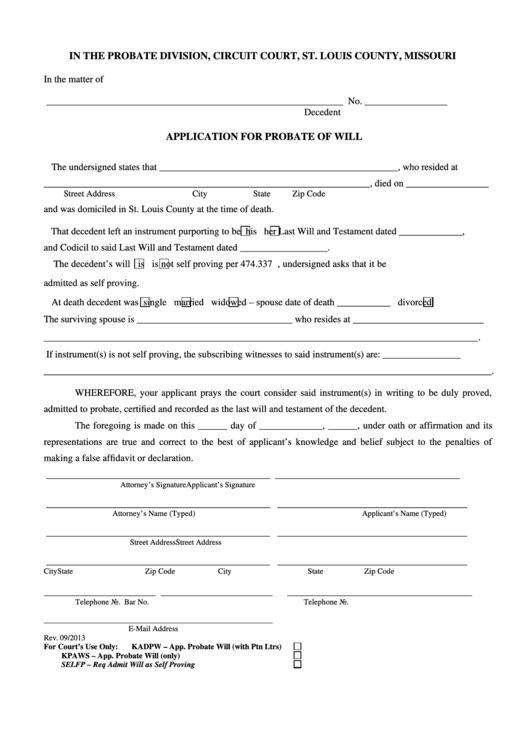 Fillable Application For Probate Of Will Form - St.louis County, Missouri Printable pdf