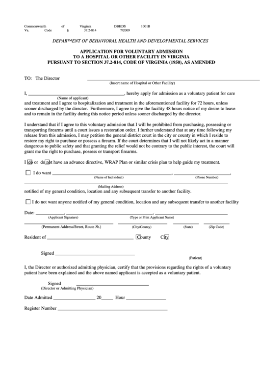Fillable Form 1001-B - Application For Voluntary Admission Pursuant To Section 37.2-814 Printable pdf