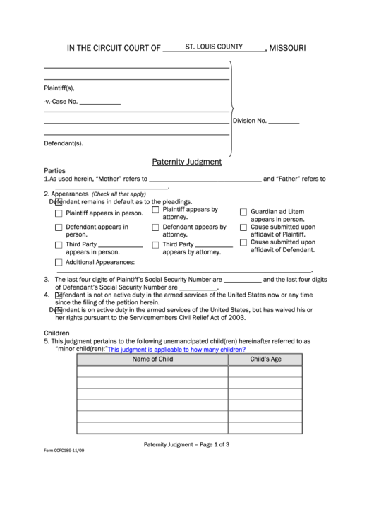 Fillable Form Ccfc189-11/09 - Paternity Judgment Form - St.louis County, Missouri Printable pdf