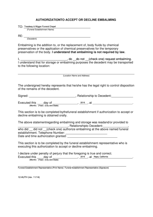Fillable Form 12-Auth - Authorization To Accept Or Decline Embalming Printable pdf