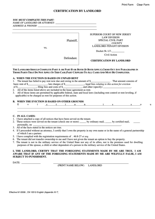 Fillable Certification By Landlord Form - Superior Court Of New Jersey Printable pdf