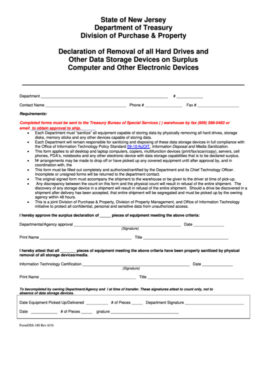 Form Dss-180 - Declaration Of Removal Of All Hard Drives And Other Data Storage Devices On Surplus Computer And Other Electronic Devices - New Jersey Department Of Treasury Printable pdf