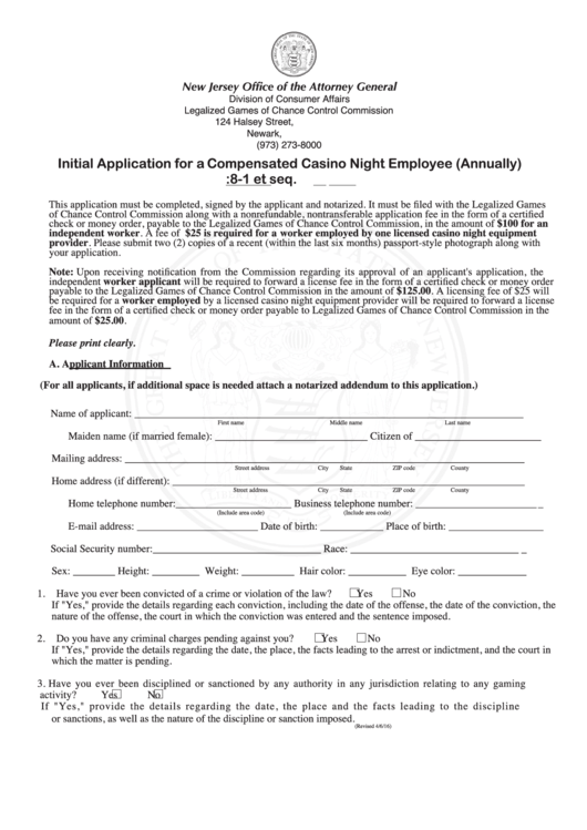 Fillable Renewal Application For A Compensated Casino Night Employee (Annually) Form - New Jersey Office Of The Attorney General Printable pdf