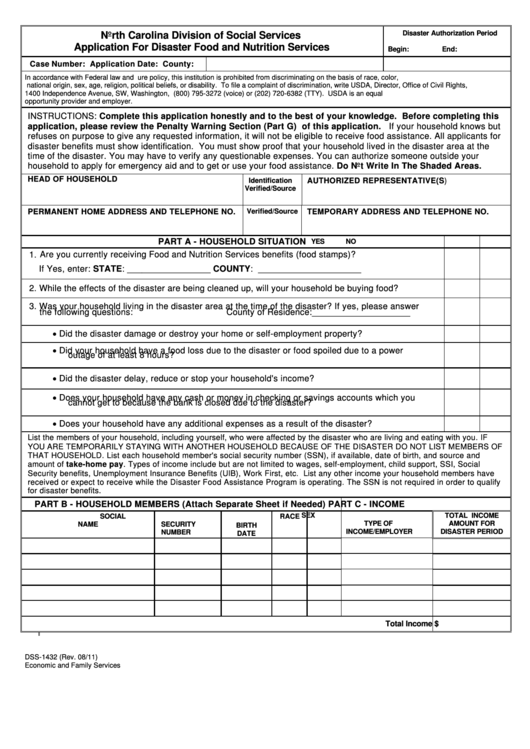 Fillable Form Dss-1432 - Application For Disaster Food And Nutrition Services - North Carolina Division Of Social Services Printable pdf