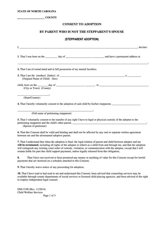 Fillable Form Dss-5190 - Consent To Adoption By Parent Who Is Not The Stepparent