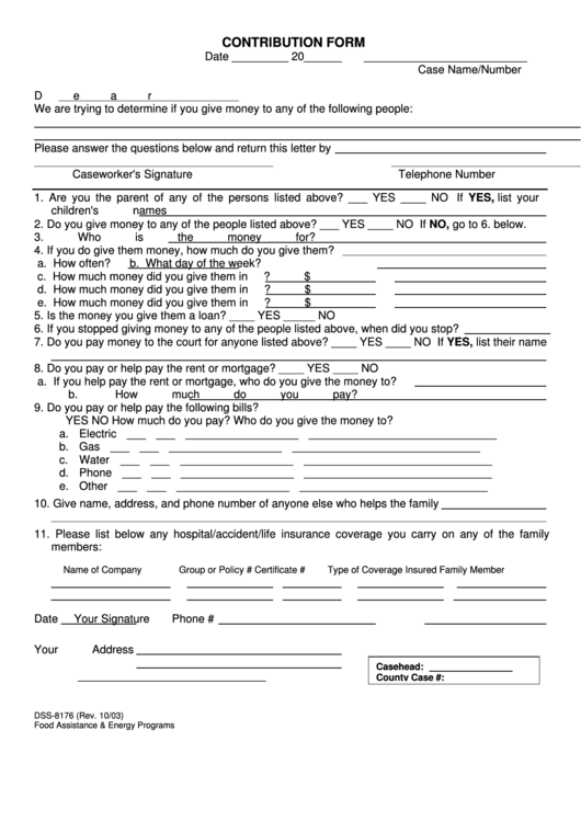 Fillable Form Dss-8176 - Contribution Form - Nc Food Assistance & Energy Programs Printable pdf