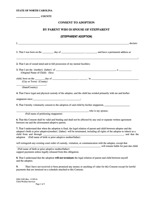 Fillable Form Dss-5189 -Consent To Adoption By Parent Who Is Spouse Of Stepparent Printable pdf