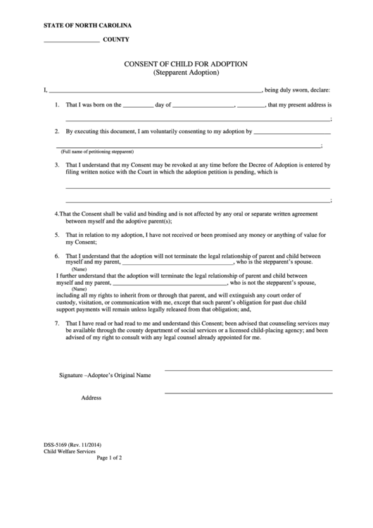 Fillable Form Dss-5169 - Consent Of Child For Adoption - North Carolina Child Welfare Services Printable pdf