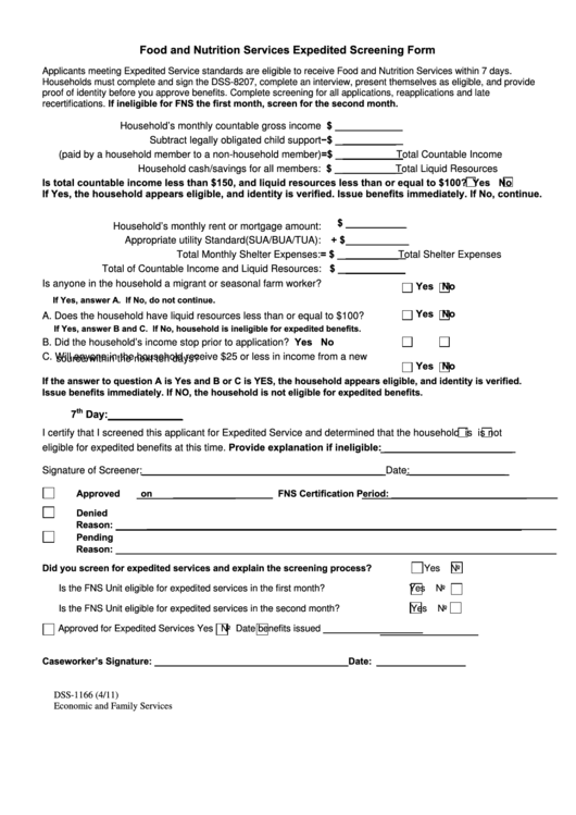 Fillable Form Dss-1166 - Food And Nutrition Services Expedited Screening Form - North Carolina Economic And Family Services Printable pdf
