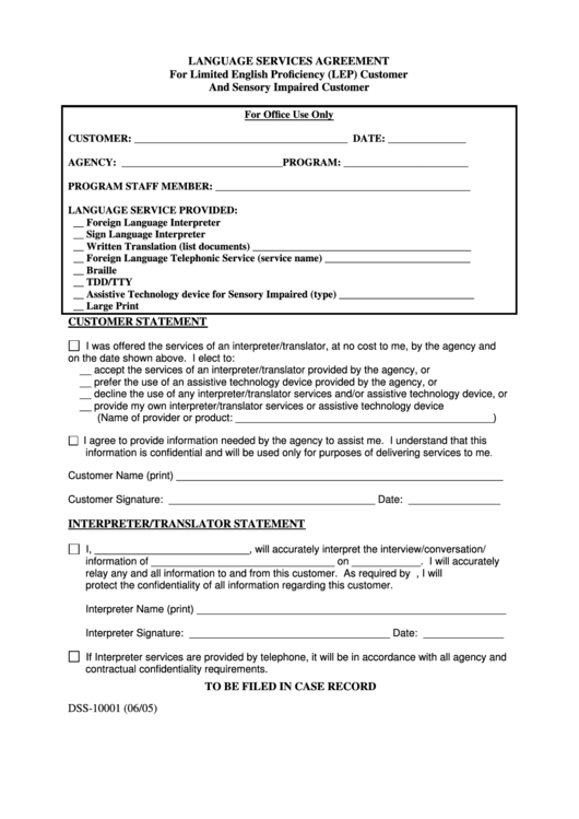 Fillable Form Dss-10001 - Language Services Agreement - North Carolina Printable pdf