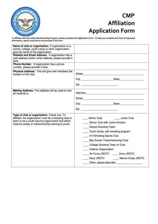 Affiliation Application Form Printable pdf